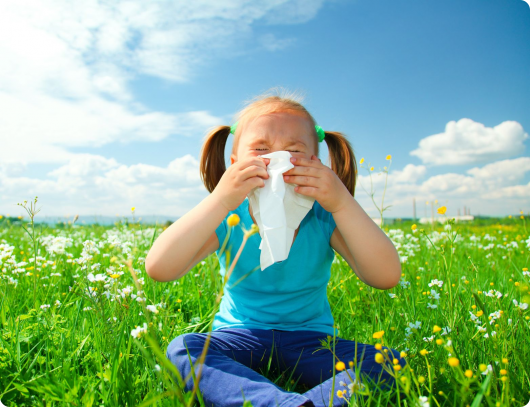 девочка чихает в поле от аллергии